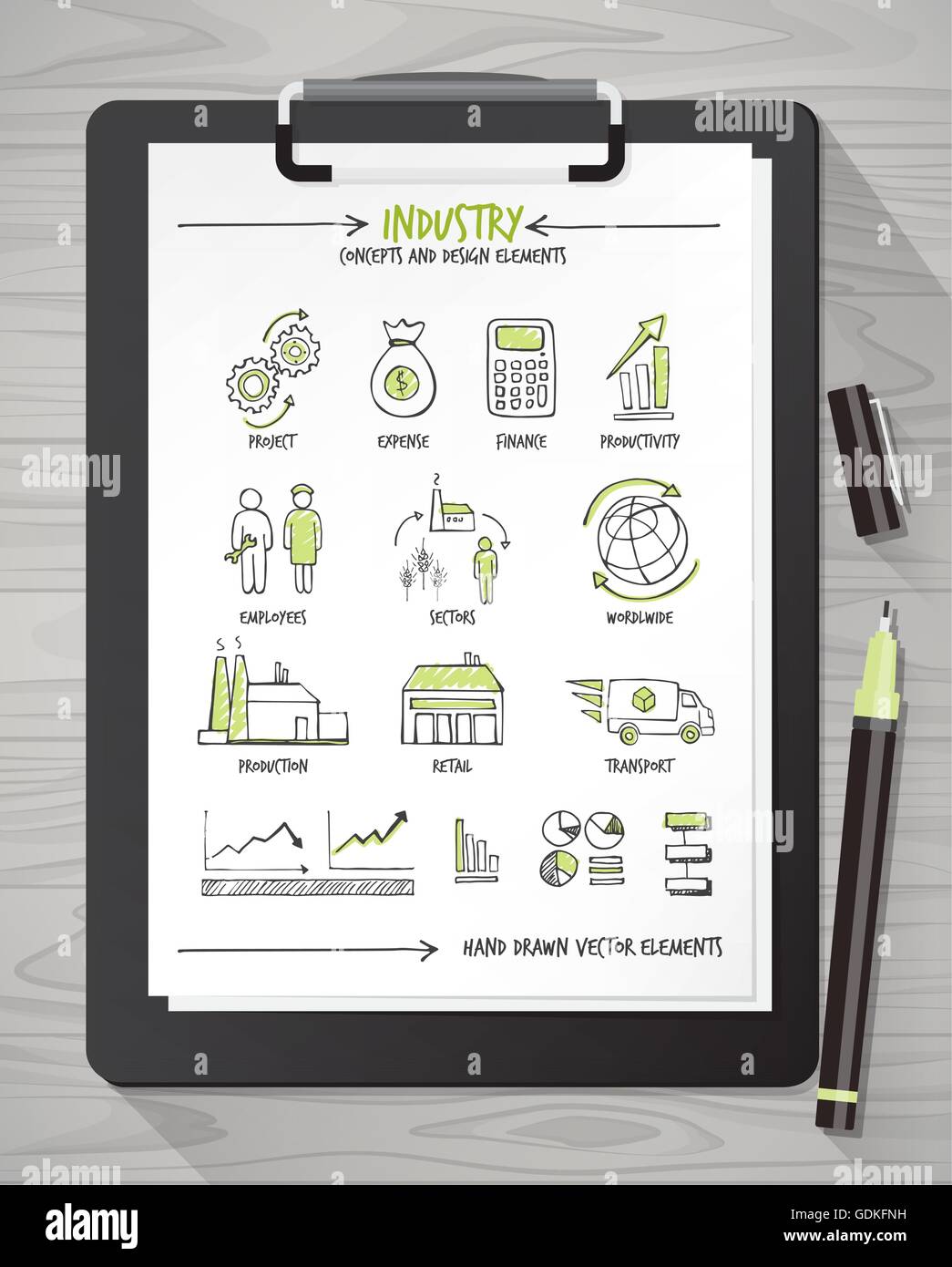 Hand drawn industry icons and concepts on a sheet with clipboard and pen Stock Vector