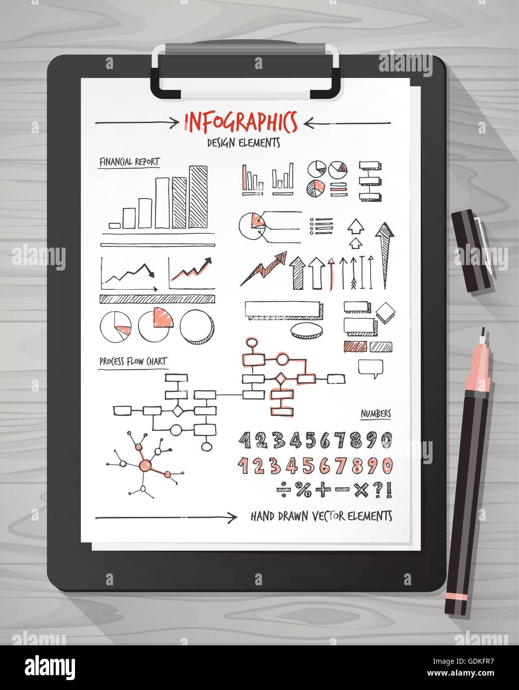 Hand drawn infographics icons and concepts on a sheet with clipboard and pen Stock Vector