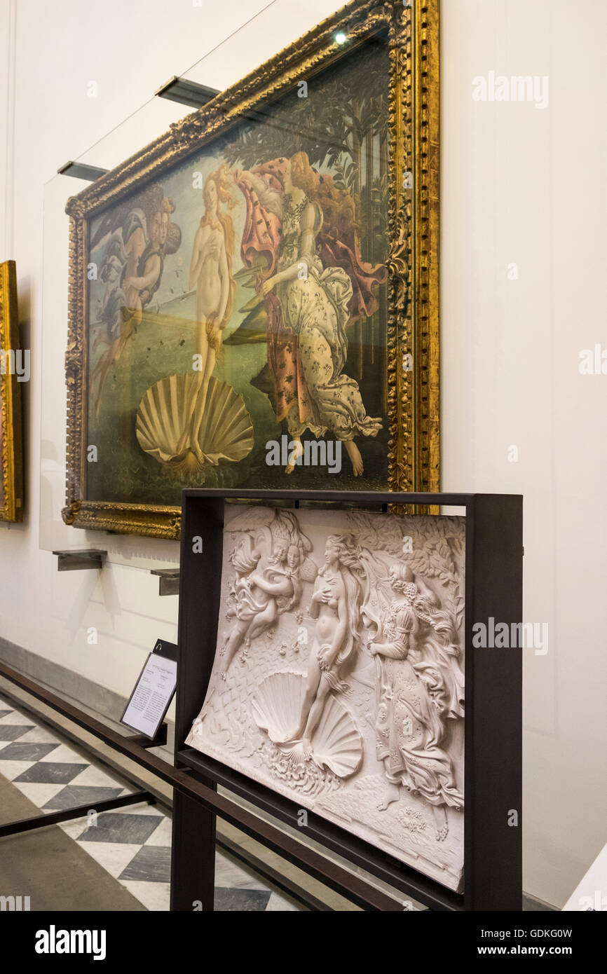 3D depiction of the birth of Venus by Sandro Botticelli, next to the original. Uffizi touch tour for visually impaired visitors. Stock Photo