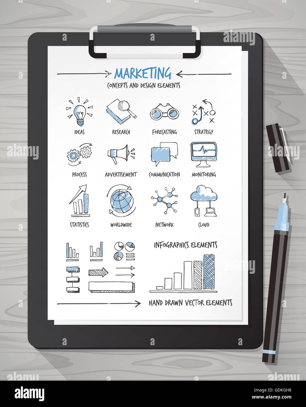 Hand drawn marketing icons and concepts on a sheet with clipboard and pen Stock Vector
