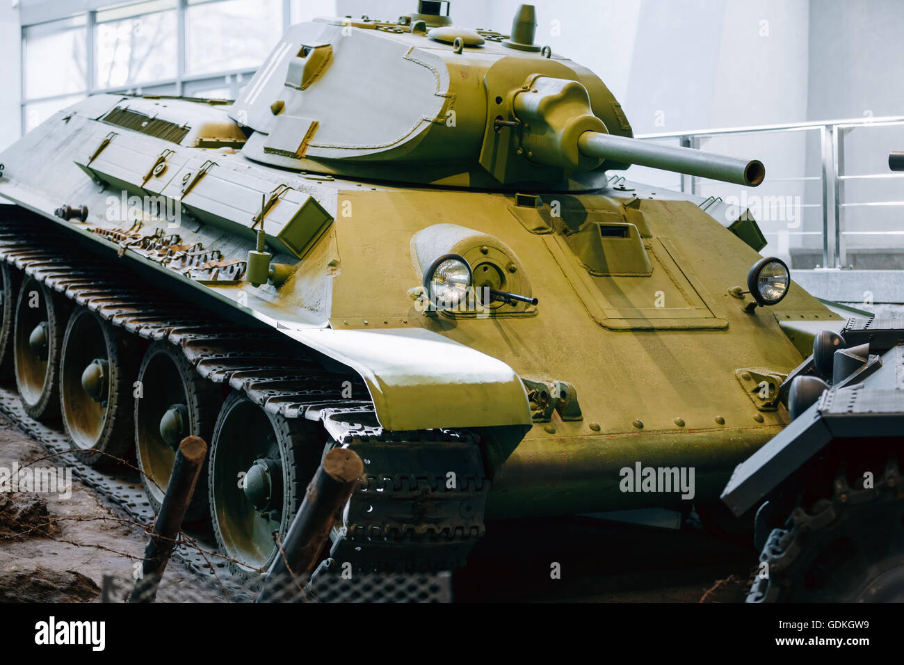 T-34 was a Soviet medium tank at exposure Of Weapons And Equipment In The Belarusian Museum Of The Great Patriotic War in Minsk, Stock Photo