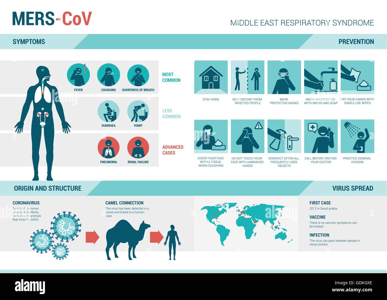 MERS CoV infographics with symptoms, prevention medical procedures, virus structure and spread on world map Stock Vector