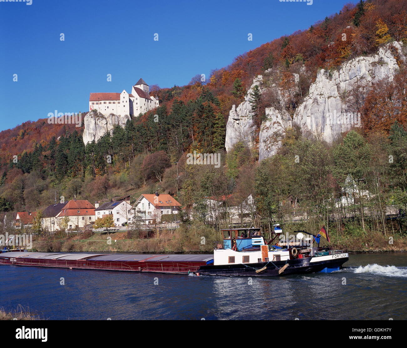 geography / travel, Germany, Bavaria, Altmuehltal (Altmuehl Valley), landscapes, Rhine-Main-Danube Canal and Prunn Castle, cargo barge in foreground, Stock Photo