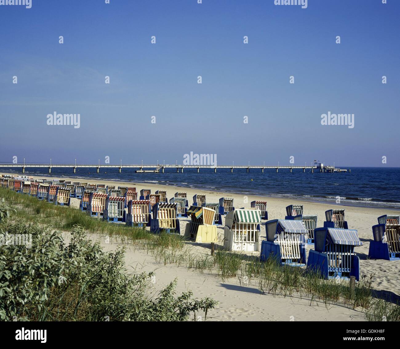 geography / travel, Germany, Mecklenburg-West Pomerania, Usedom Isle, beach, beach chairs near Zinnowitz, Baltic Sea, Stock Photo