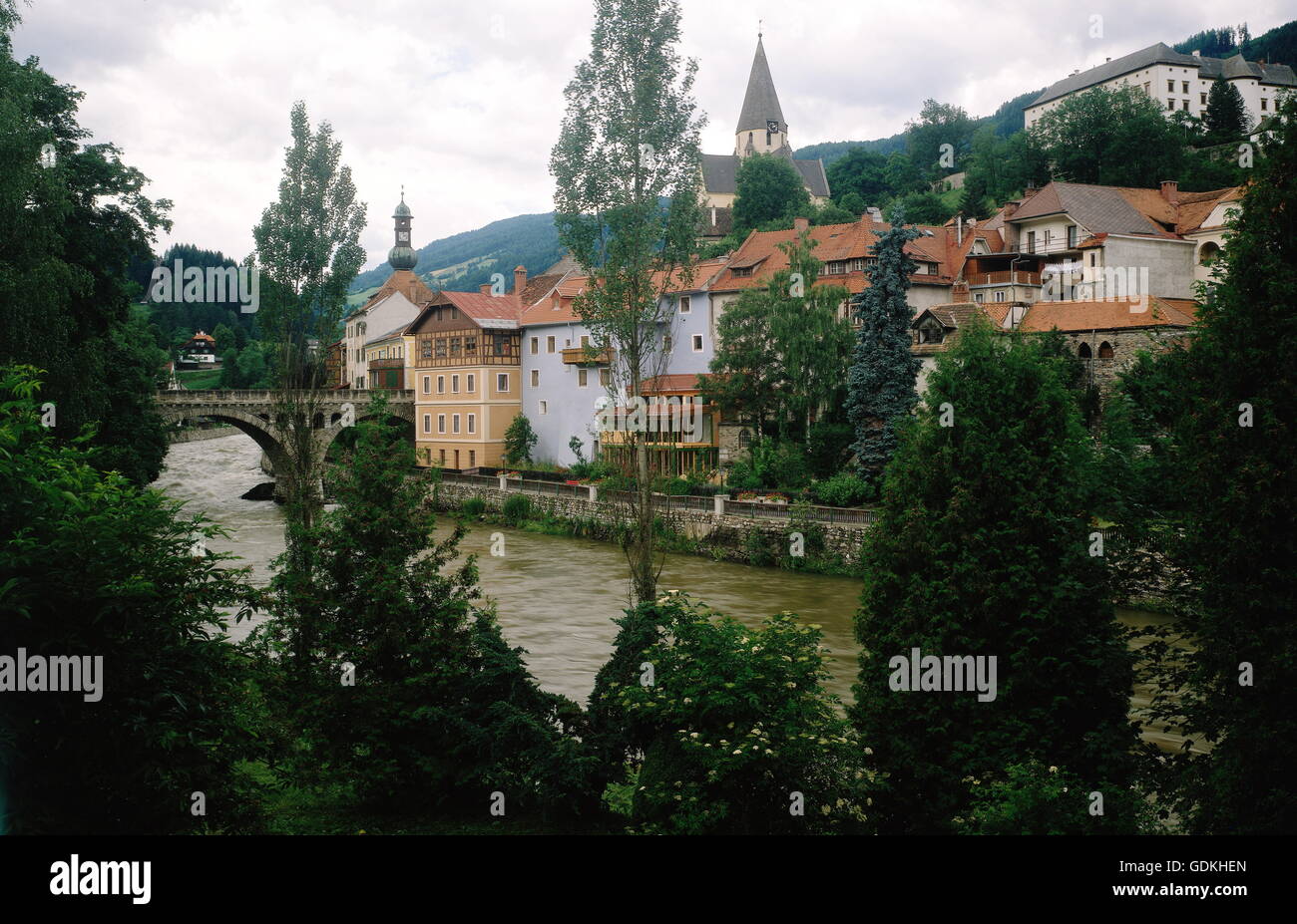 geography / travel, Austria, Styria, Murau, city view / city views, view towards the municipality on the river Mur, Stock Photo
