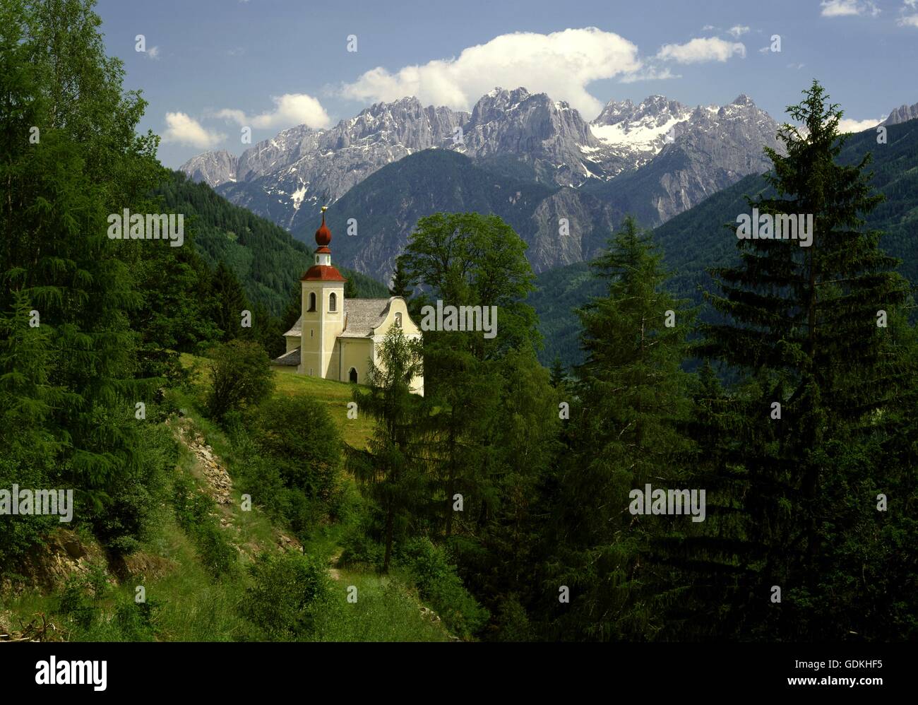 geography / travel, Austria, Tyrol, landscapes, Isel Valley, village church from Gwabl (built: 1807), Lienz Dolomites, Stock Photo