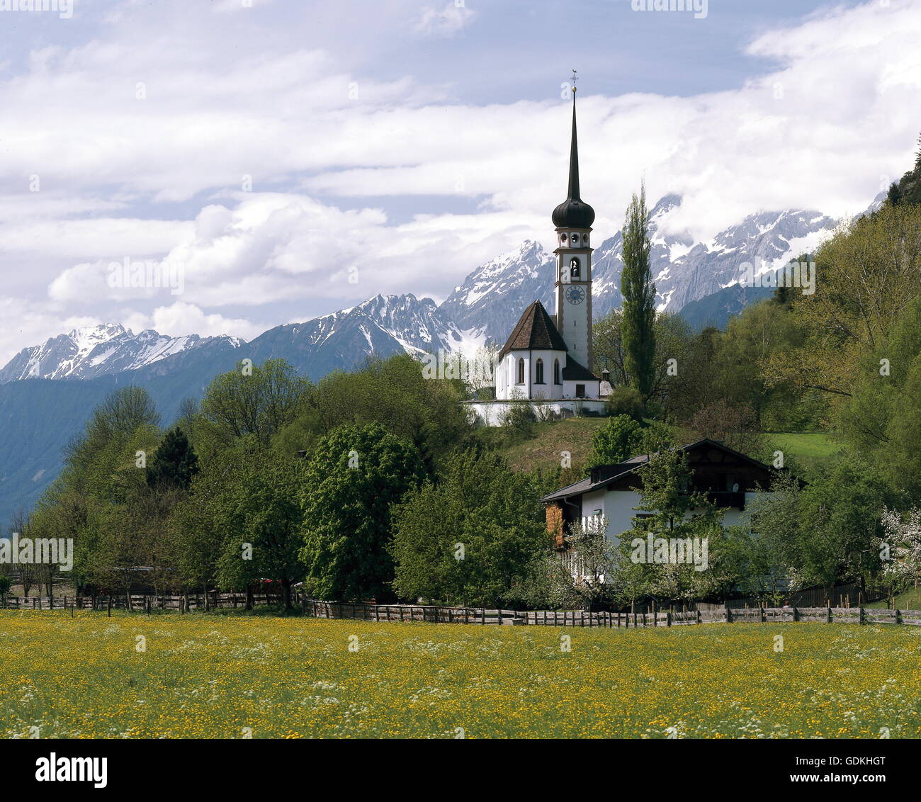 geography / travel, Austria, Tyrol, Pettnau, churches, parish church St. Georg zu Leiblfing, exterior view, built: 1090 in Romanesque style, modification: 1496, Gothic style, tower built: 1710, Stock Photo