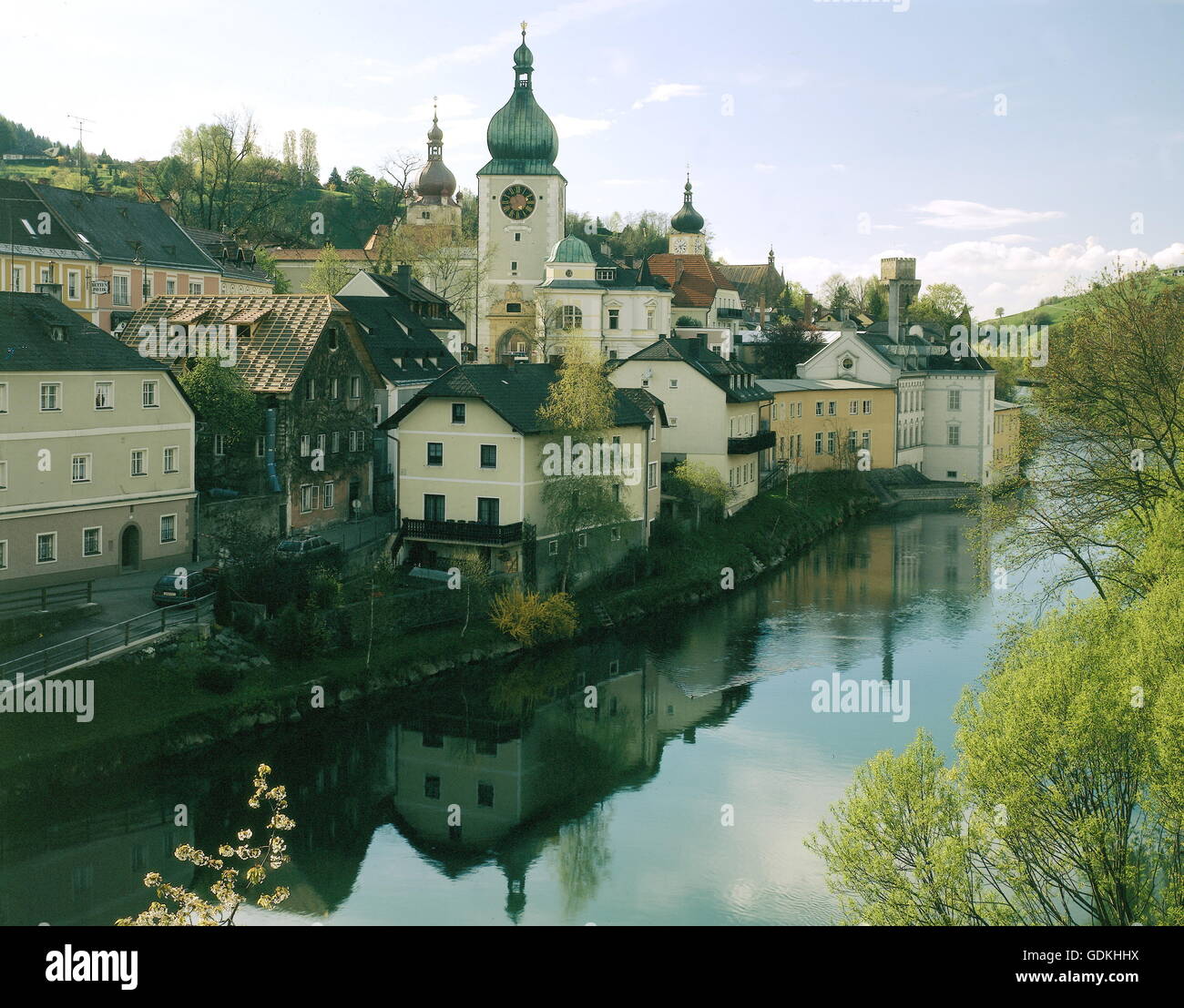 geography / travel, Austria, Lower Austria, Waidhofen, city view / city views, view across the municipality on the Ybbs river, Stock Photo