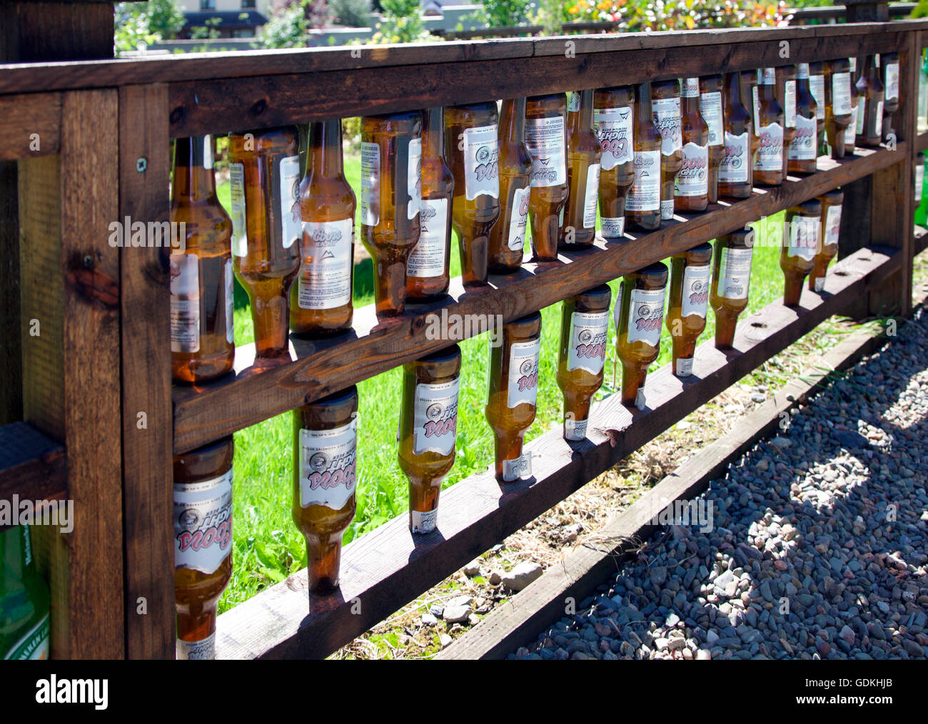 Coors beer bottles fence, Carrickmacross Allotments Stock Photo