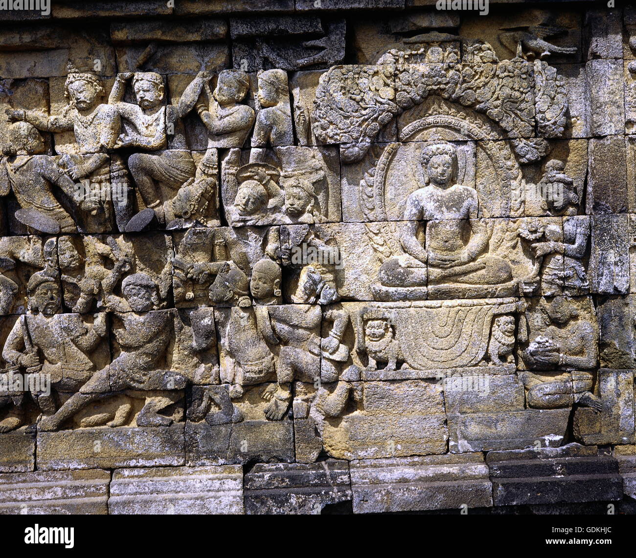geography / travel, Indonesia, isle Java, monuments, Candi Borobudur, details of a relief with the enlightment scene of Buddha under the Bo tree in the Lumpini Park near Bodh Gaya, Shailendra Dynasty (Middle Javan period), 760 - 856 AD, Stock Photo