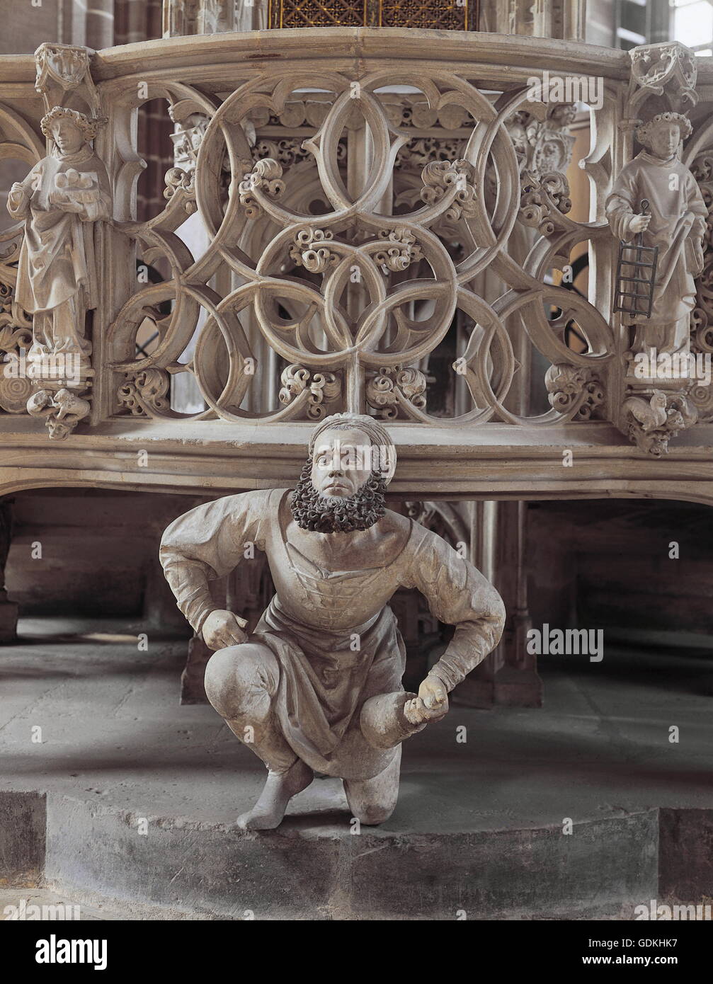 geography / travel, Germany, Bavaria, Nuremberg, churches, St. Lawrence's Church, interior view, detail: aumbry, 1493 - 1495, sculpture, self-portrait of the sculptor Adam Krafft, (circa 1455 - 1509), Stock Photo