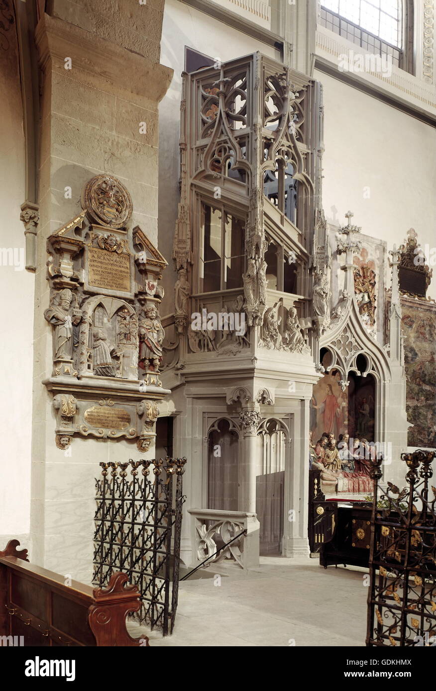 geography / travel, Germany, Baden-Wuerttemberg, Konstanz, churches, minster, interior view, detail: gothic stairwell "Die Schnegg", Northern transept, stairwell tower 1438 - 1446, later gothic, Stock Photo