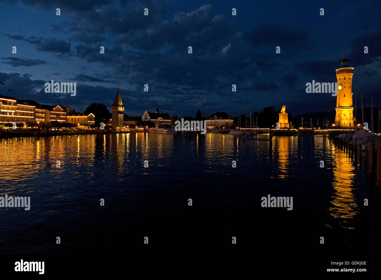 Harbour in the evening, Lindau, Lake Constance, Bavaria, Germany Stock Photo
