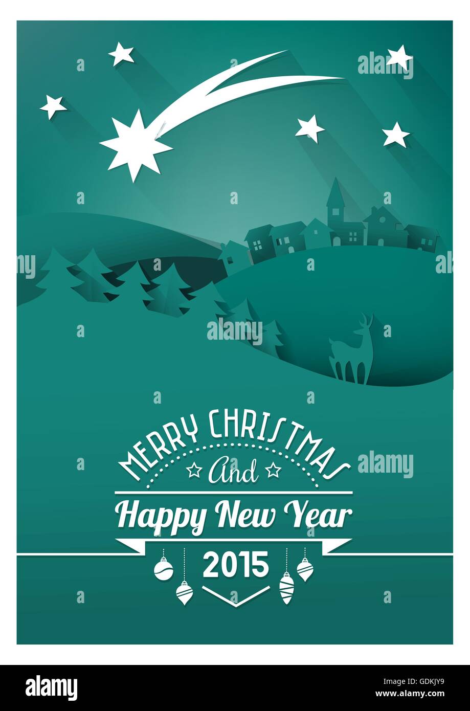 Christmas paper card with hand cut paper landscape and hipster text. Stock Vector