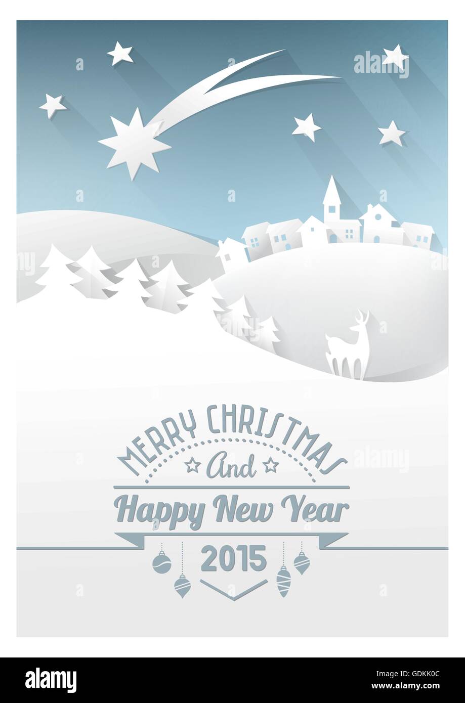 Christmas paper card with hand cut paper landscape and hipster text. Stock Vector