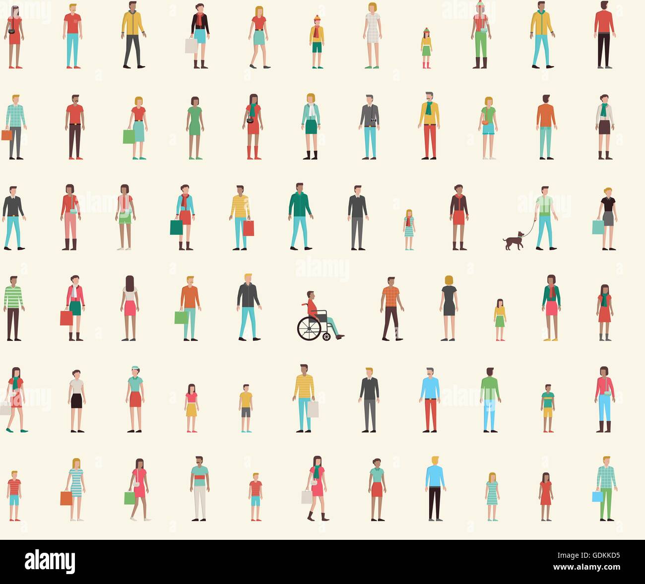 People seamless pattern with set of flat characters, men, women, kids Stock Vector