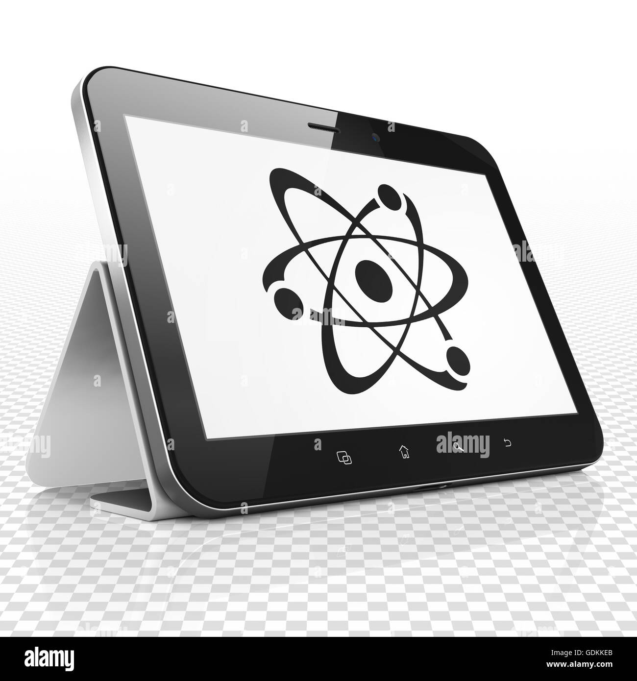 Science concept Tablet Computer with Molecule on display Stock Photo
