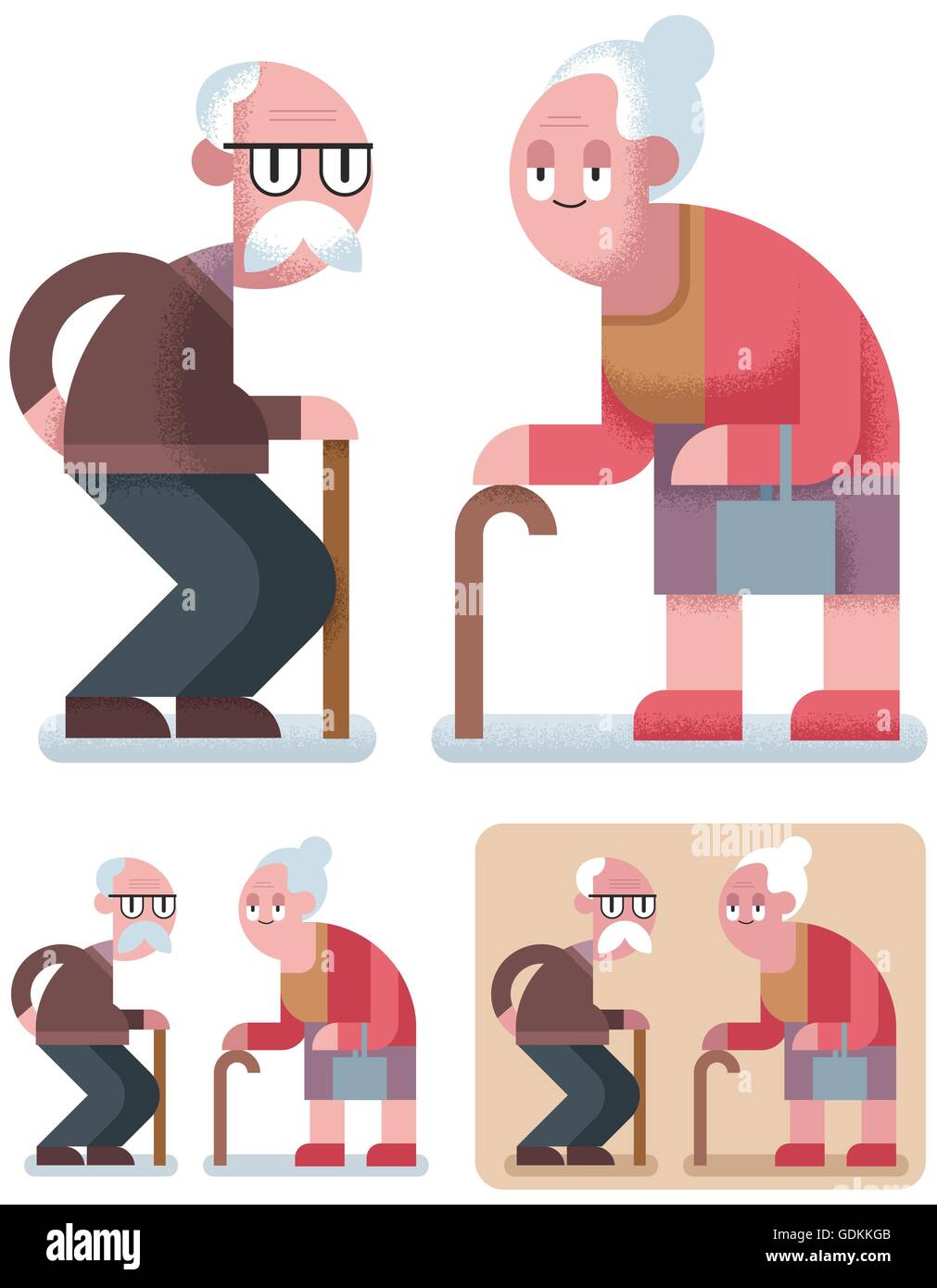 Flat design illustration of elderly couple in 3 color versions. Stock Vector