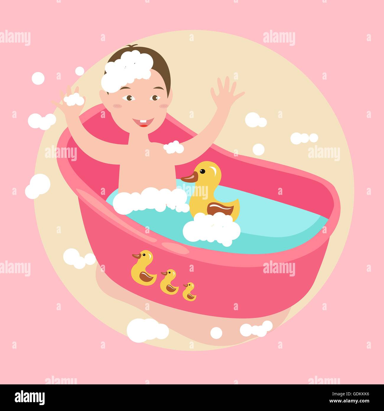 kids happy play water in bath with rubber duck soap all around Stock