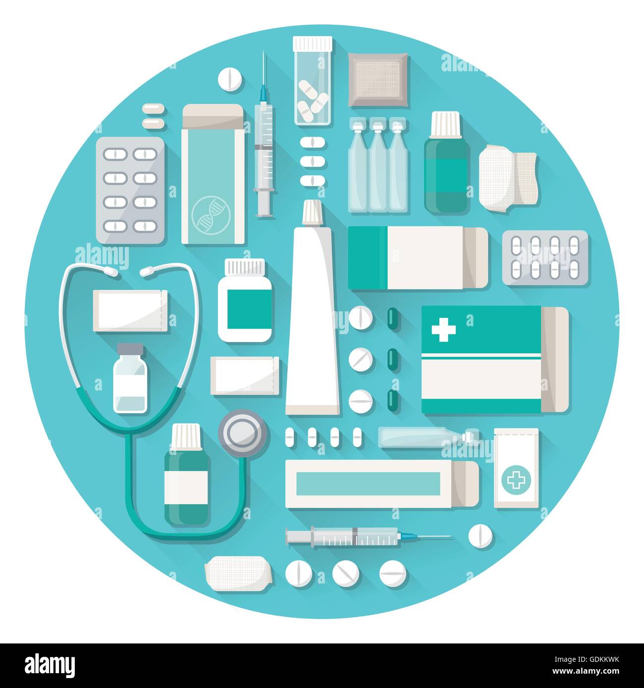 Pharmacy and medical treatment concept with pills, tablets, blisters and stethoscope in a circular shape Stock Vector