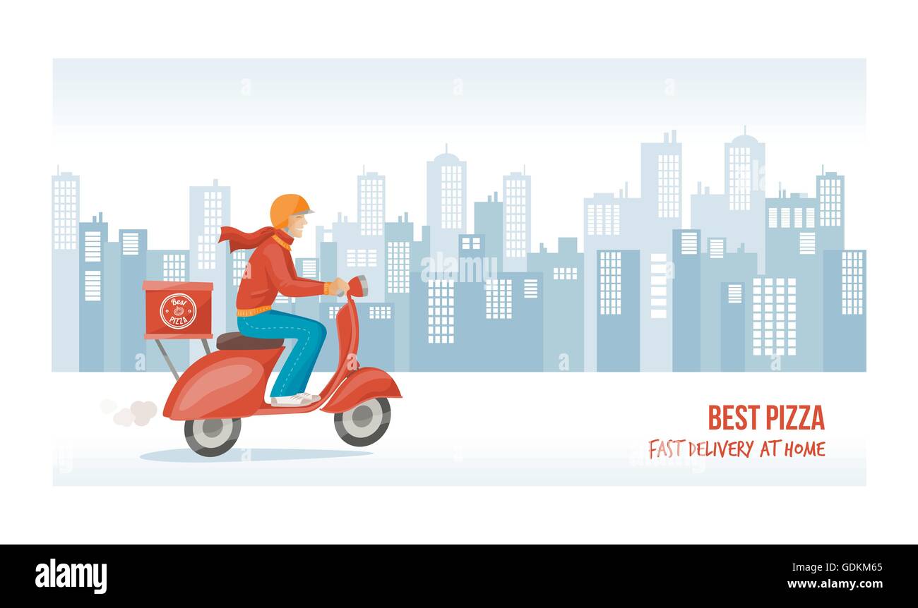 Pizza delivery guy at work on a red scooter with cityscape on background Stock Vector