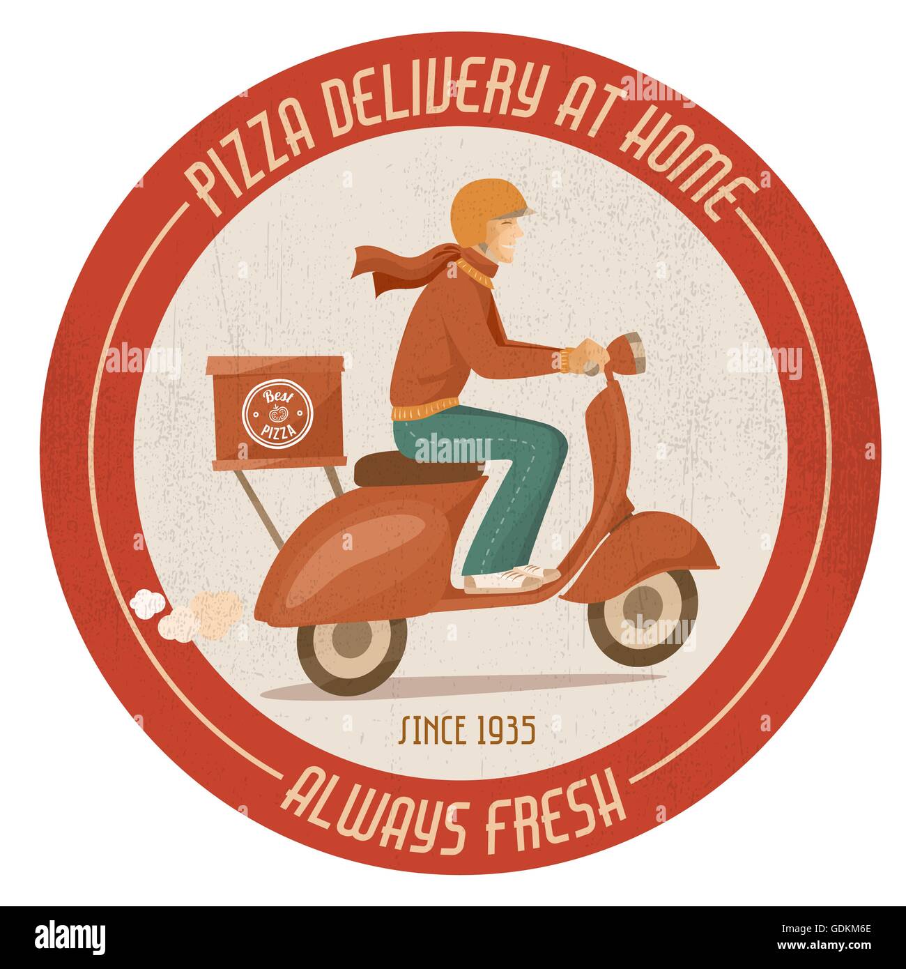 Pizza delivery guy at work on a red scooter vintage badge Stock Vector