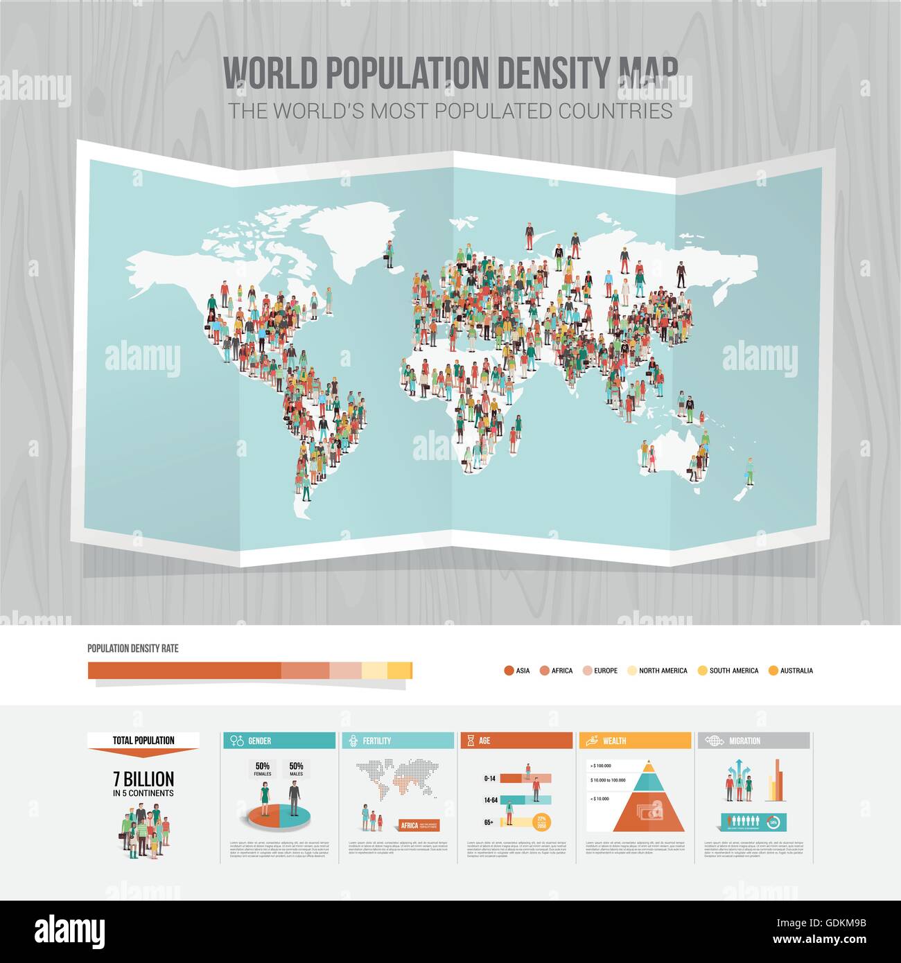 World population density map and demographic infographic Stock Vector