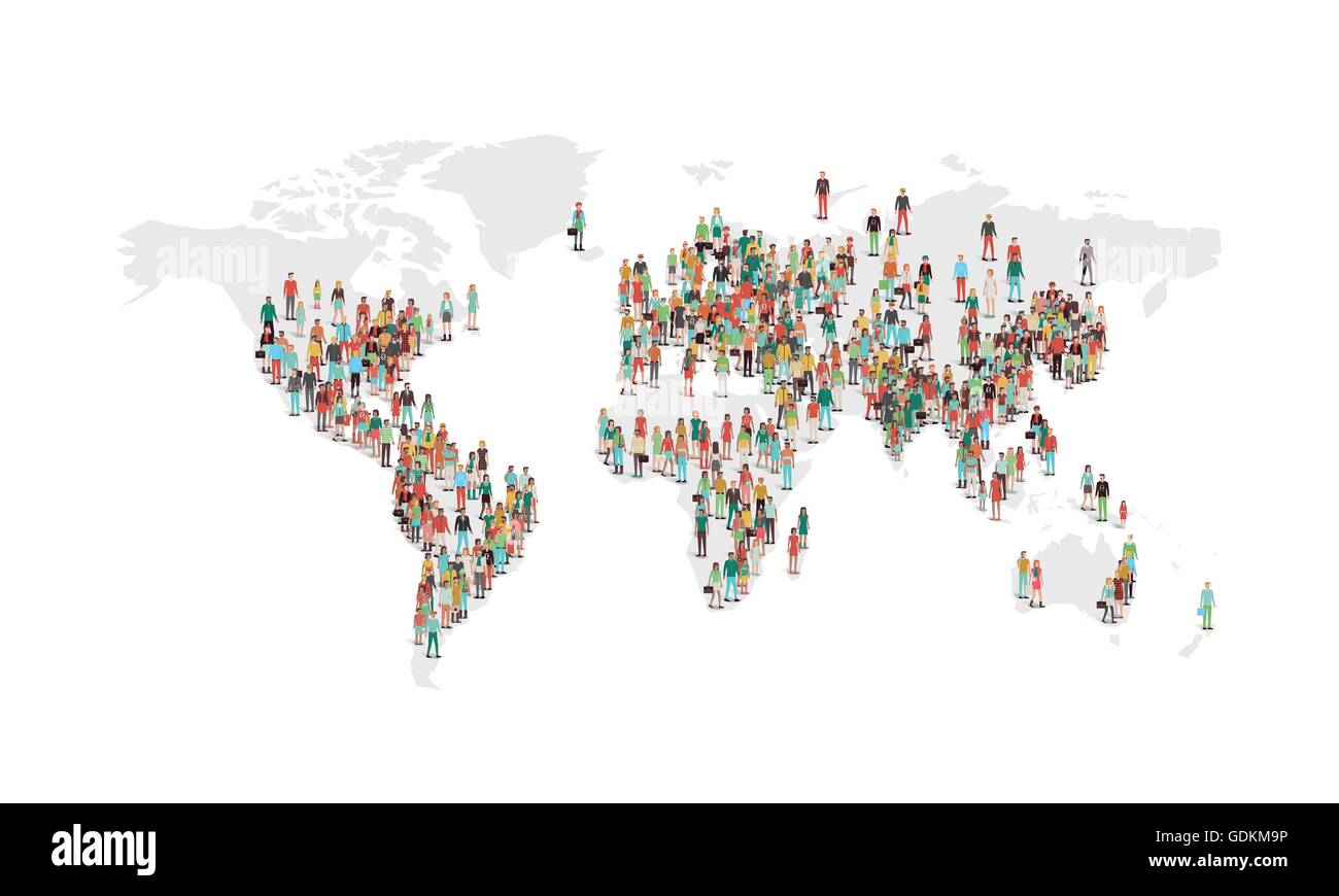 World population density map, with vector characters located in the most populated ares, white background Stock Vector