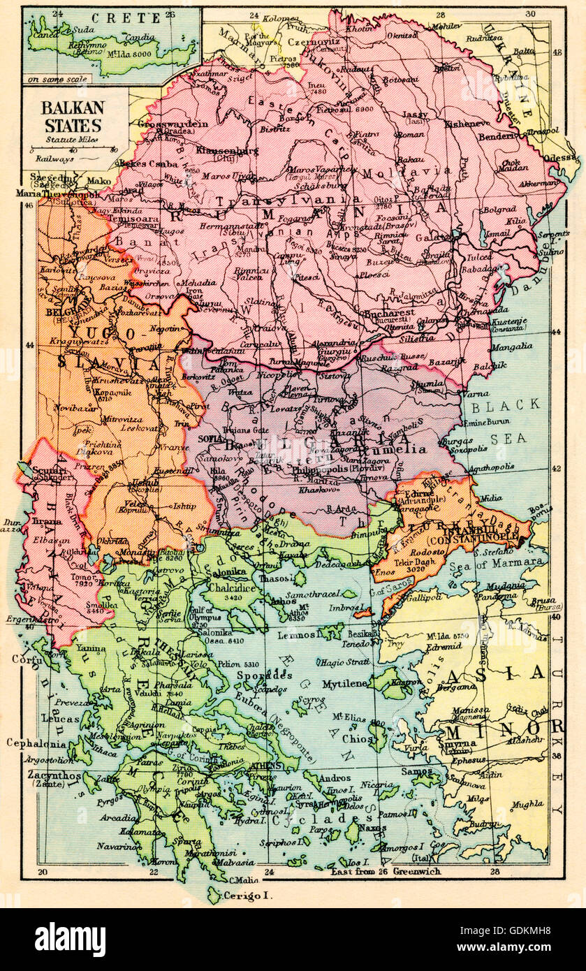 A 1930's map of  the Balkan States. Stock Photo