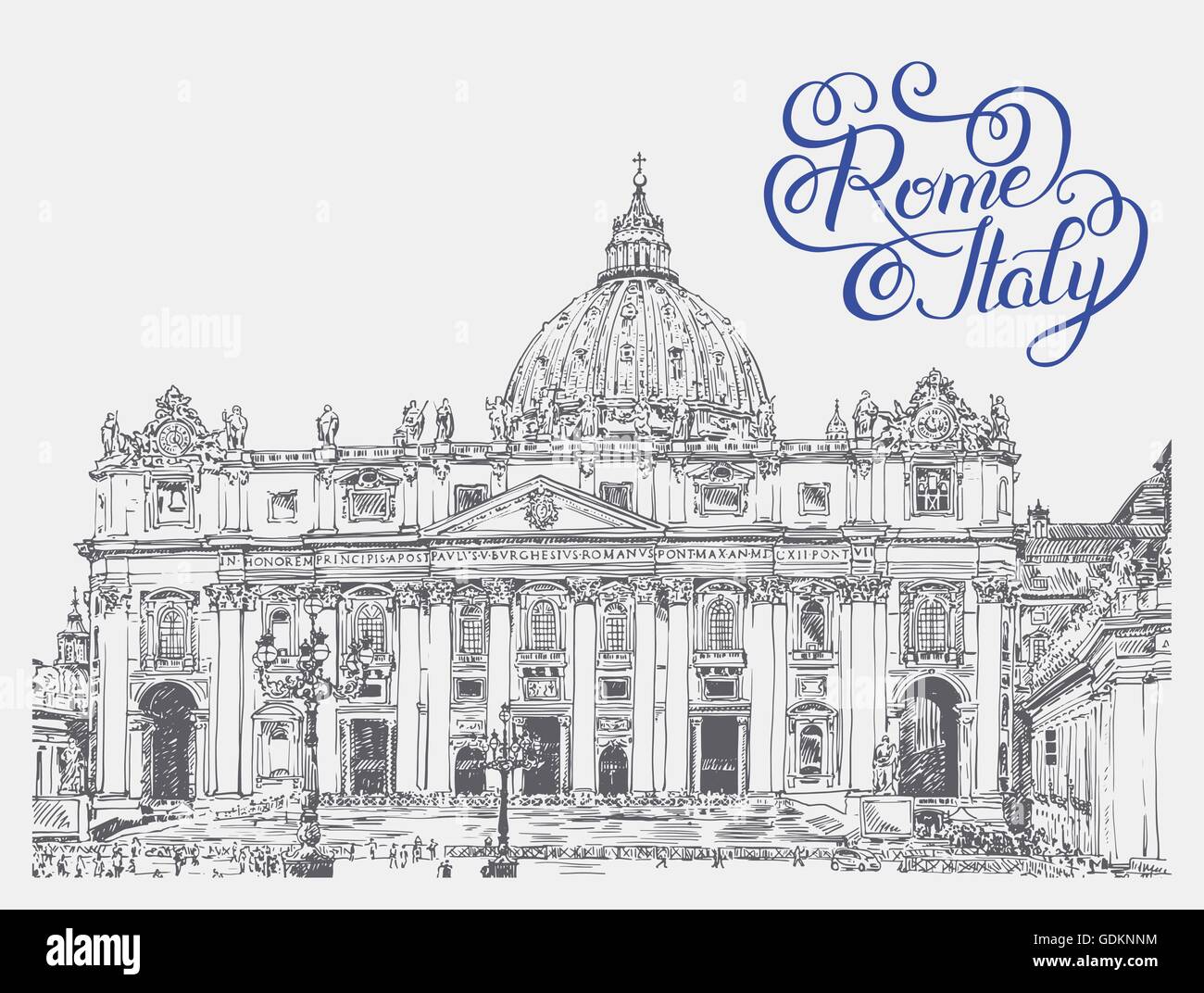 St. Peter's Cathedral, Vatican with original hand lettering insc Stock Vector