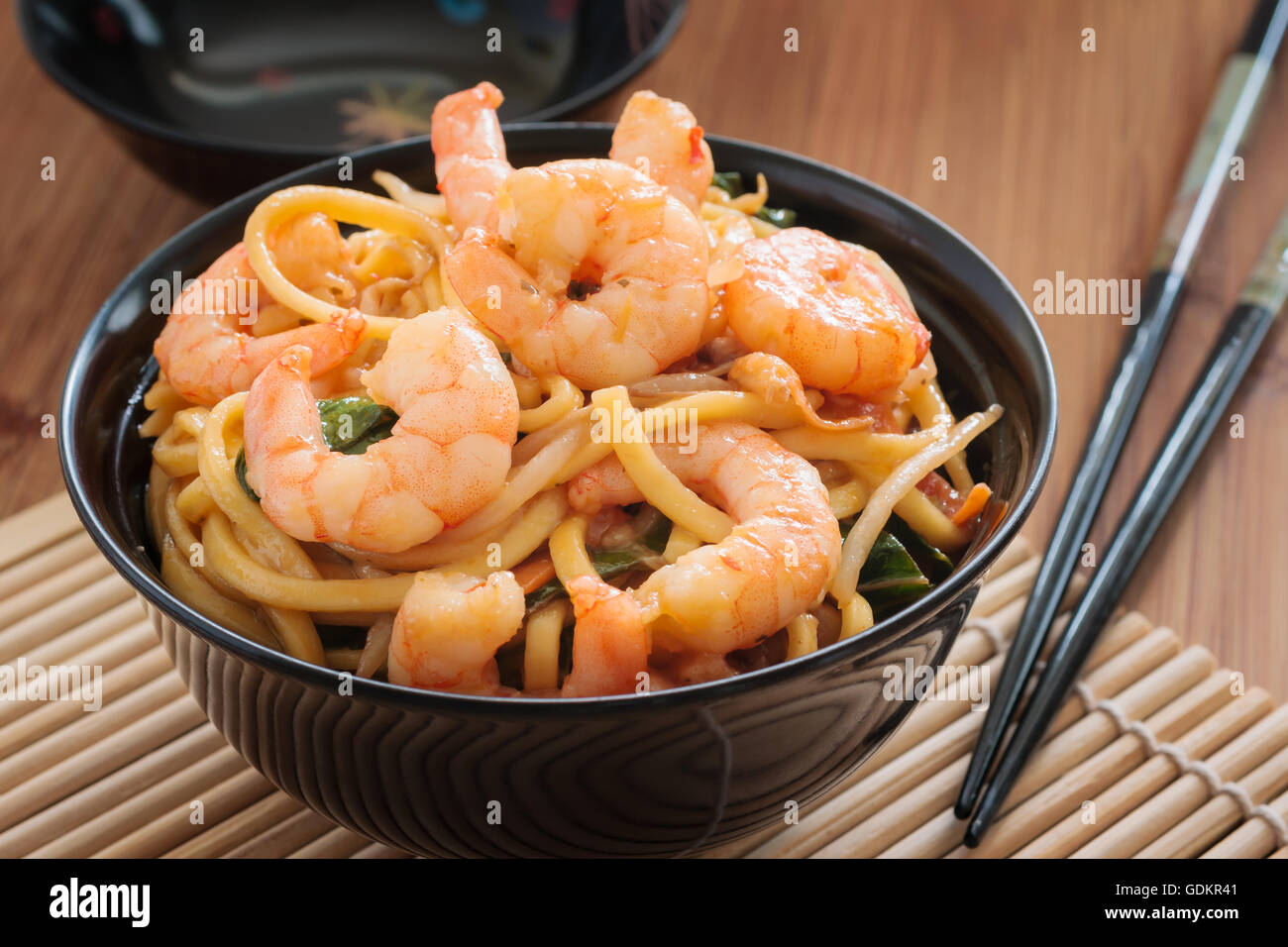 Prawn Chow Mein or Lo Mein stir fried prawns with egg noodles