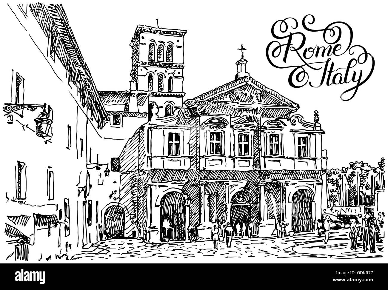 black and white sketch hand drawing of Rome Italy famous citysca Stock ...