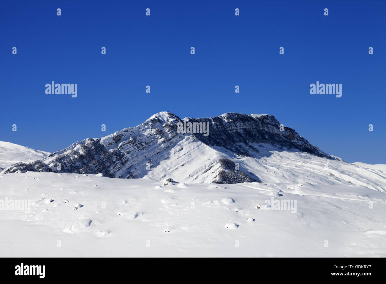 Winter snowy mountains. Greater Caucasus, Mount Shahdagh. Qusar rayon of Azerbaijan. Stock Photo