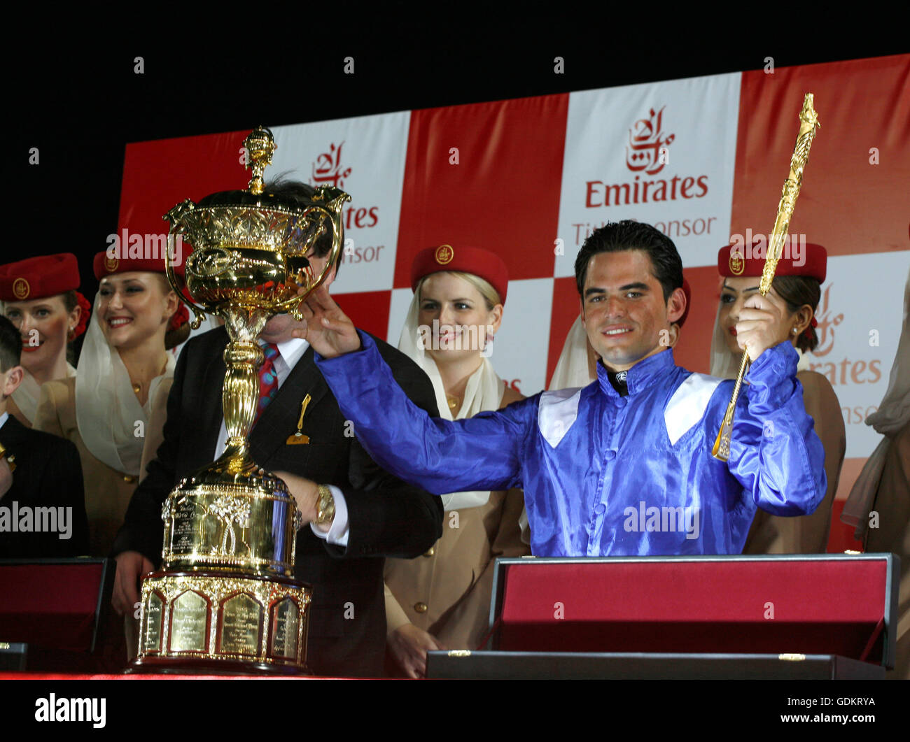 Fernando Jara after winning the Dubai World Cup Race on Invasor at the Dubai World Cup, Dubai World Cup 2007, Nad al Sheba, Dubai, UAE. Stock Photo