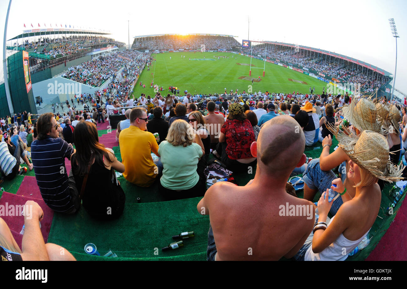 Spectators watch from the stands, Dubai Rugby 7s, Dubai, UAE Stock Photo