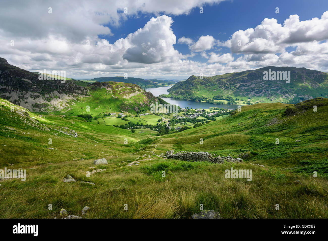 In the English Lake District - a view of Glenridding and Ullswater from the Mires Beck path to Helvellyn Stock Photo