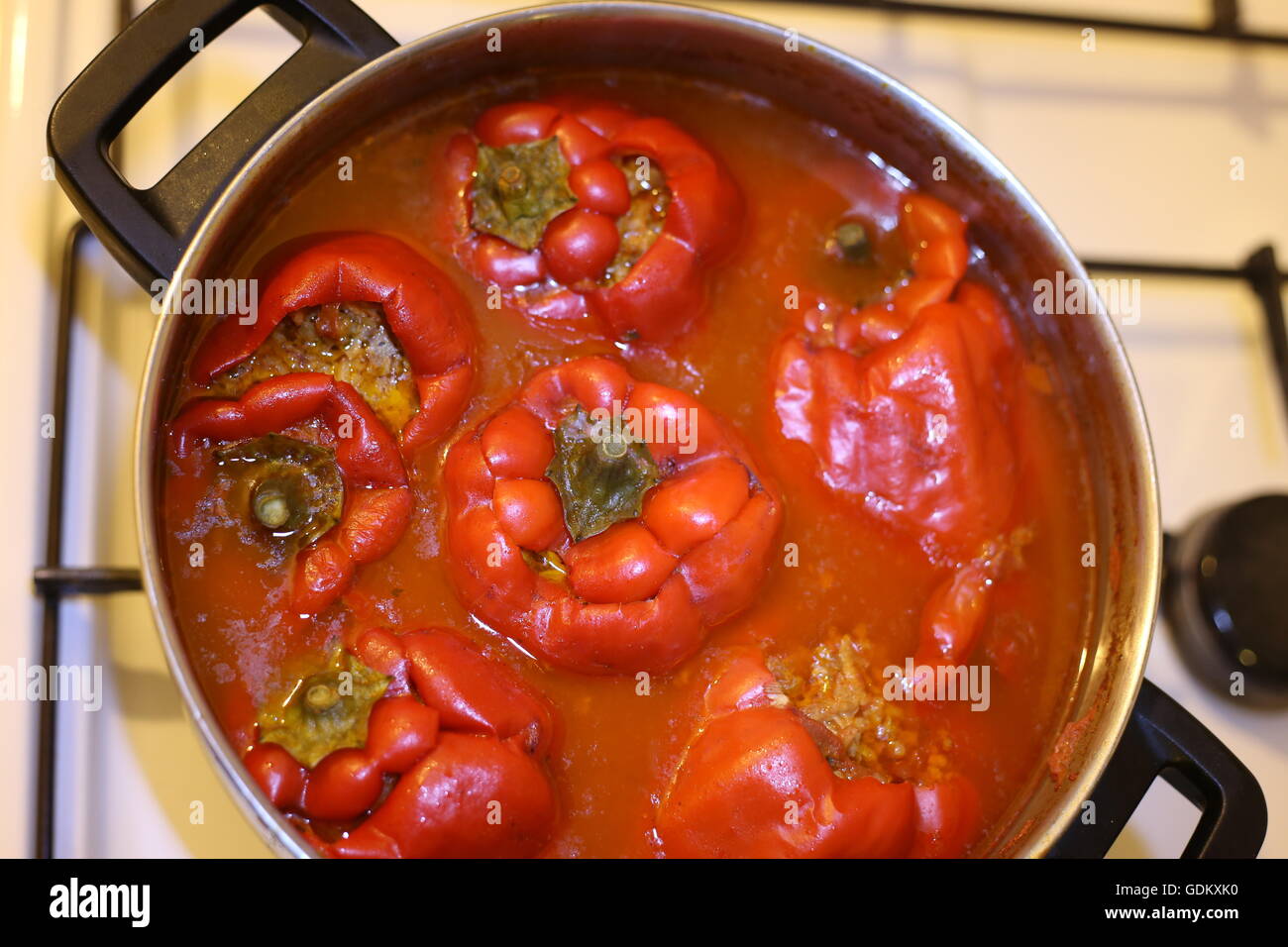 Stuffed Peppers. Homemade stuffed peppers in a pot. Stock Photo