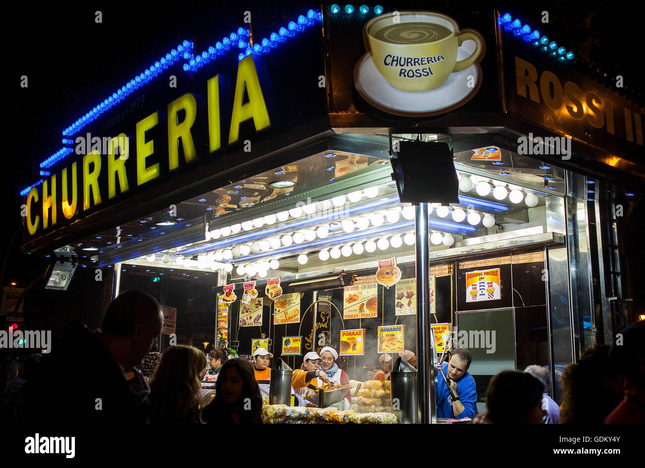 Churreria in Gran Via de les Corts Catalanes, during Gran Via Christmas fair or Three Wise Men´s fair. Barcelona. Catalonia. Spa Stock Photo