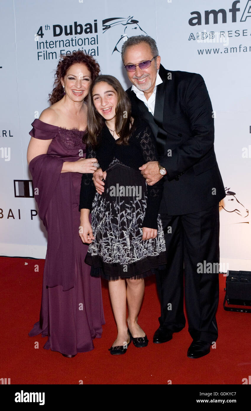 Gloria Estefan, Emily Estefan and Emilio Estefan arrive at the AmFar party at the Dubai International Film Festival (DIFF), Dubai, UAE. Stock Photo
