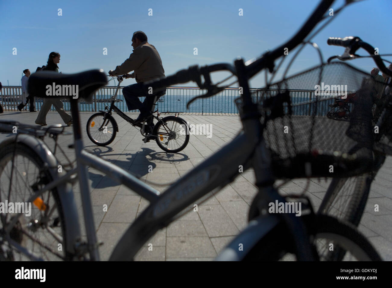 Bikes in Passeig Marítim of the Barceloneta, Barcelona, Spain Stock Photo