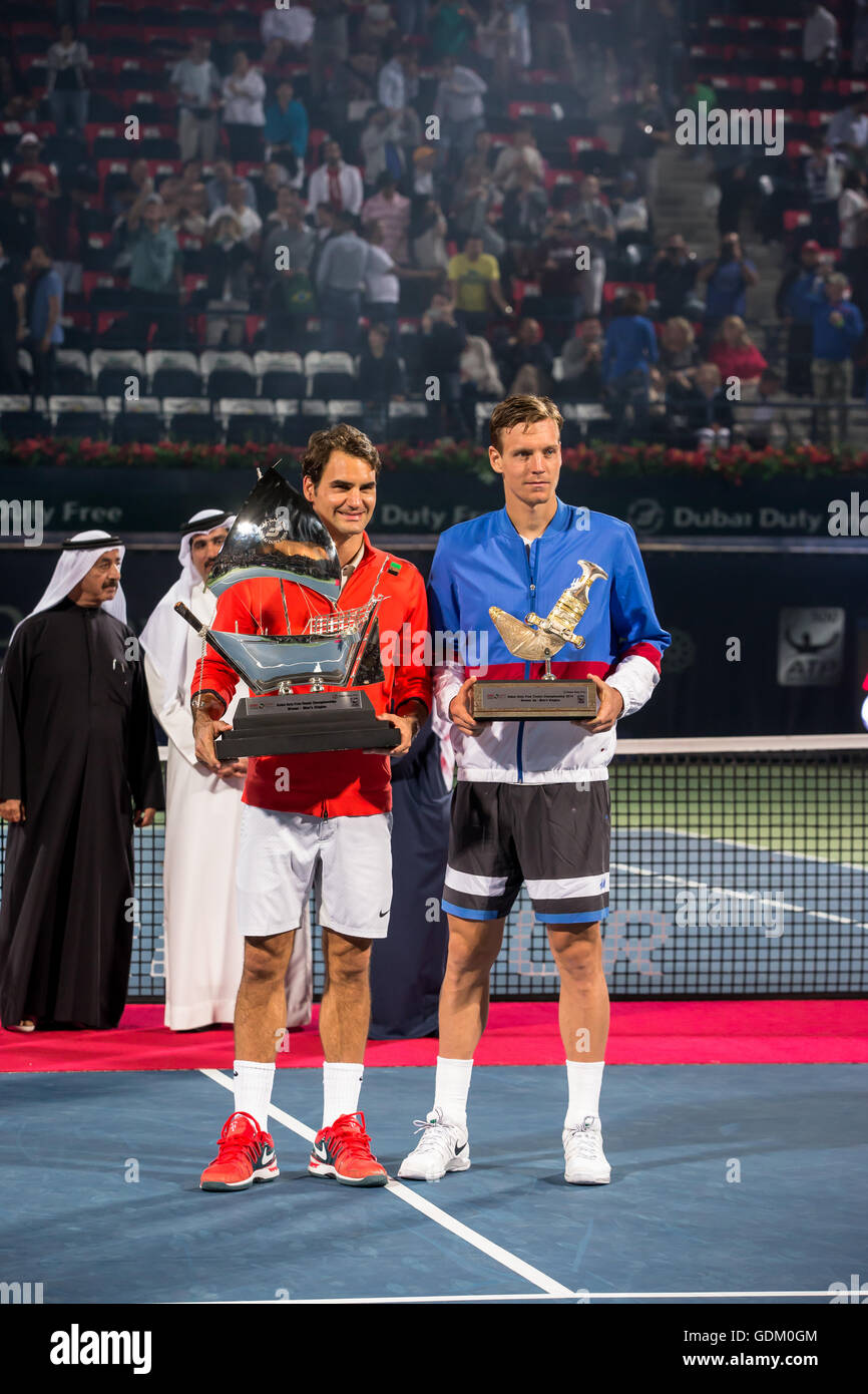 Roger Federer and Tomas Berdych pose with their trophies after the match,  Dubai Tennis Stadium, Dubai Tennis Championship 2014, Dubai, UAE Stock  Photo - Alamy
