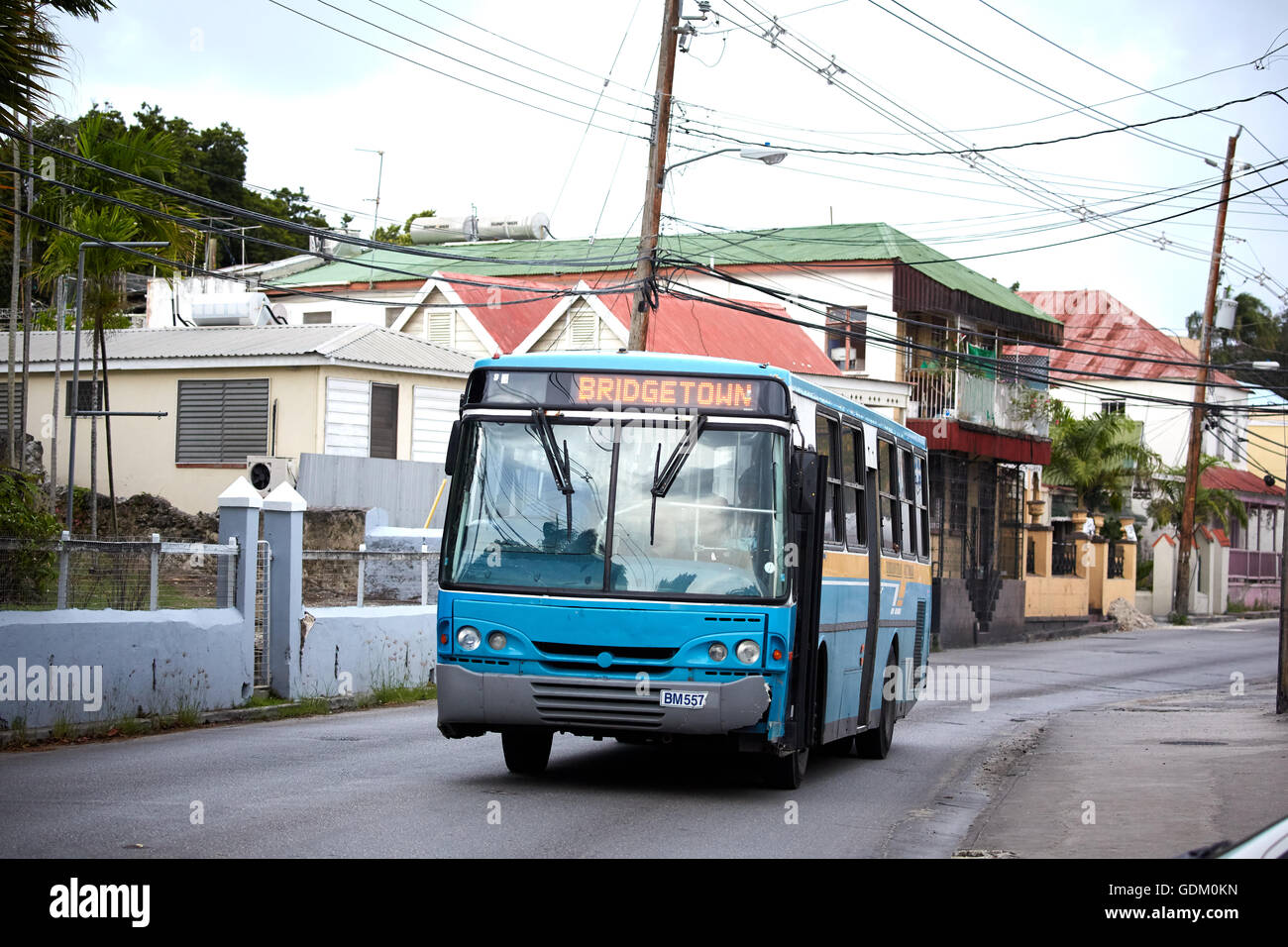 The Lesser Antilles Barbados Parish Saint Michael west indies capital Bridgetown local bus blue on  River Road locals Barbados T Stock Photo