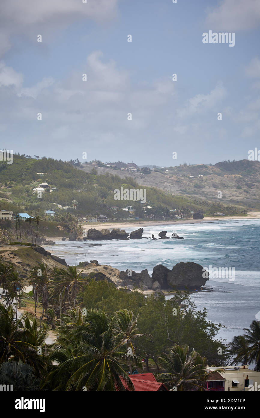 The Lesser Antilles Barbados Parish Saint Michael west indies capital Bridgetown  Barbados golden sand beach with large stone ro Stock Photo