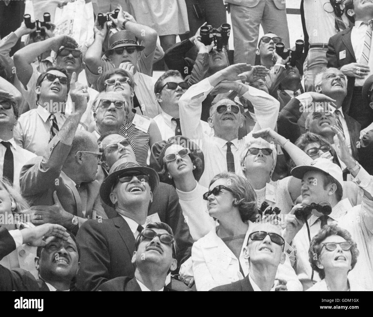 Belgium's King Baudouin and Queen Fabiola (third row, left center) view Apollo-10 launching. Pointing is Albert Sieport, Deputy Director of the Kennedy Space Center. Former Vice-President Hubert Humphrey looks on from below right. Stock Photo