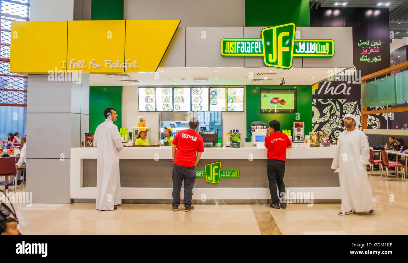 Just Falafel restaurant at the Foodcourt, Dubai Mall, Dubai, UAE Stock