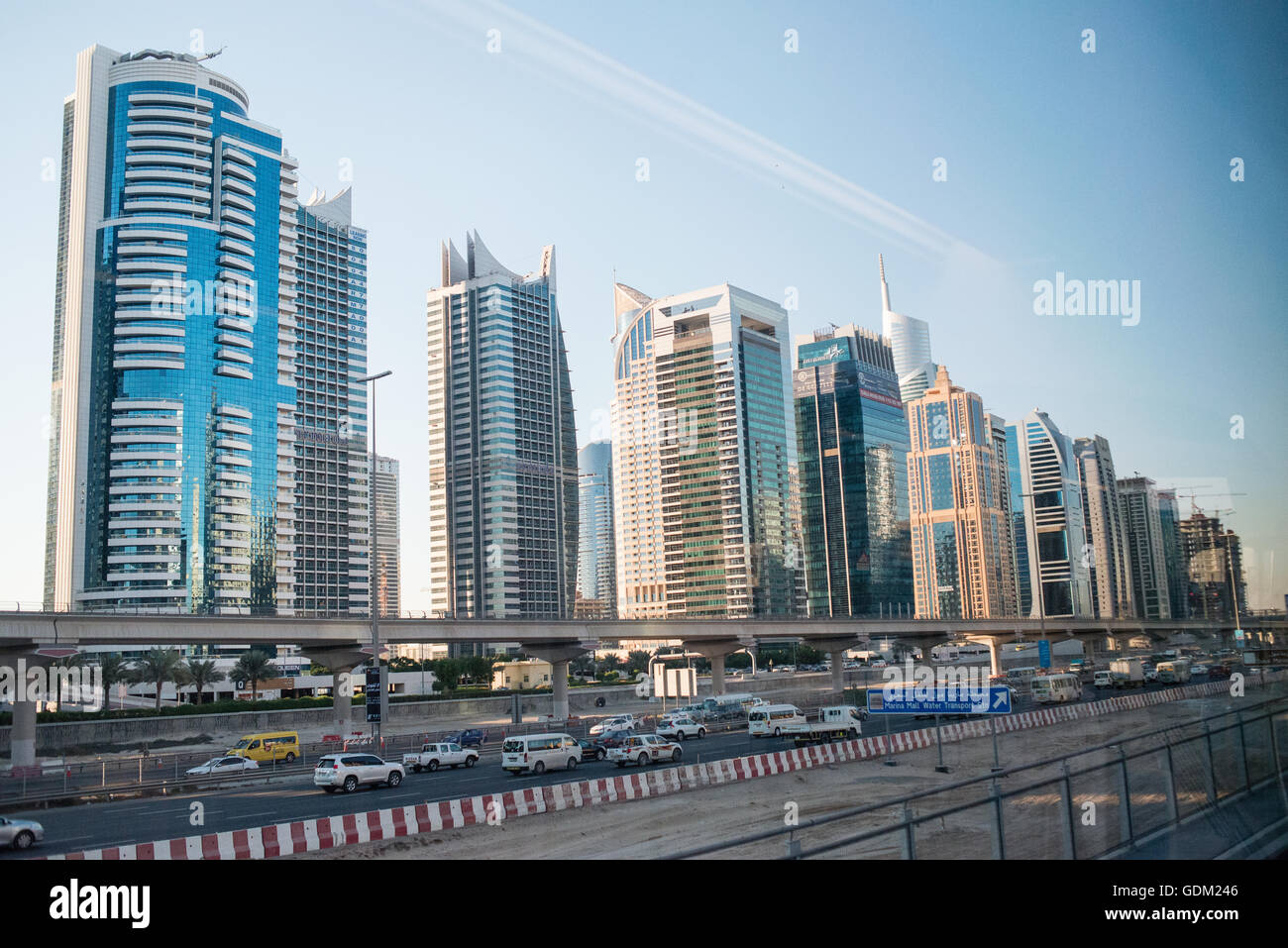 The JLT buildings along the Dubai Tram route, Dubai, UAE. Stock Photo
