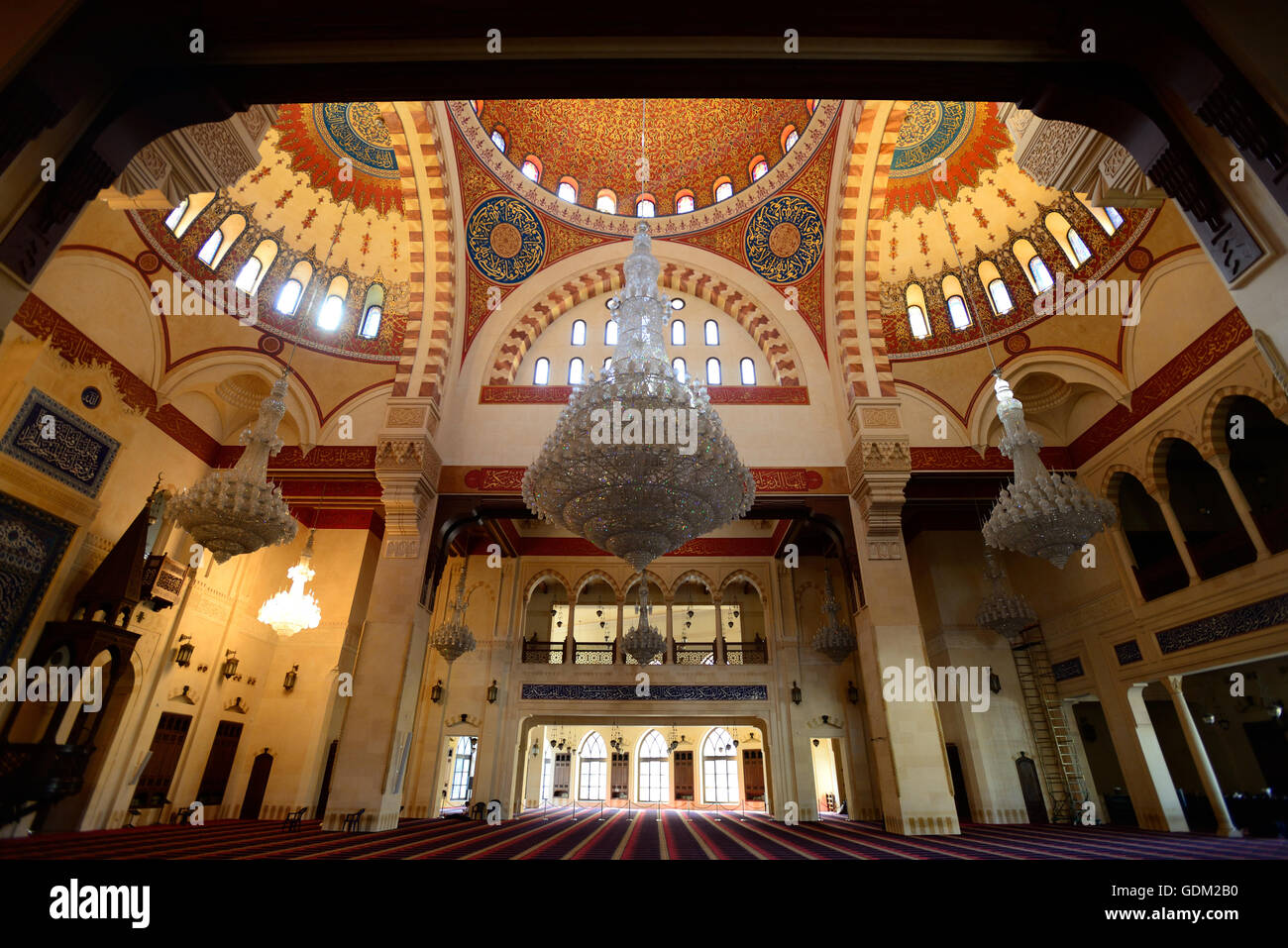 Lebanon, Beirut: Martyrs' Square (LF)Inside Mohammed al-Amin Mosque at Beirut's Matyr's Square (Place des Martyrs). This  blue-domed mosque has four minarets that stand 65m high.  Slain former prime minister Rafiq Hariri is buried outside  the mosque. Stock Photo