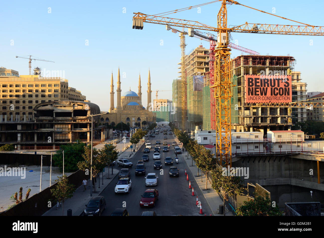 Lebanon, Beirut: Martyrs' Square (LF)The city's main square, Martyrs' Square (Place des Martyrs) in the heart of downtown Beirut, is still under reconstruction. The remains of the destroyed old Cinema building (at the left) and a  bronze Martyrs statue ar Stock Photo