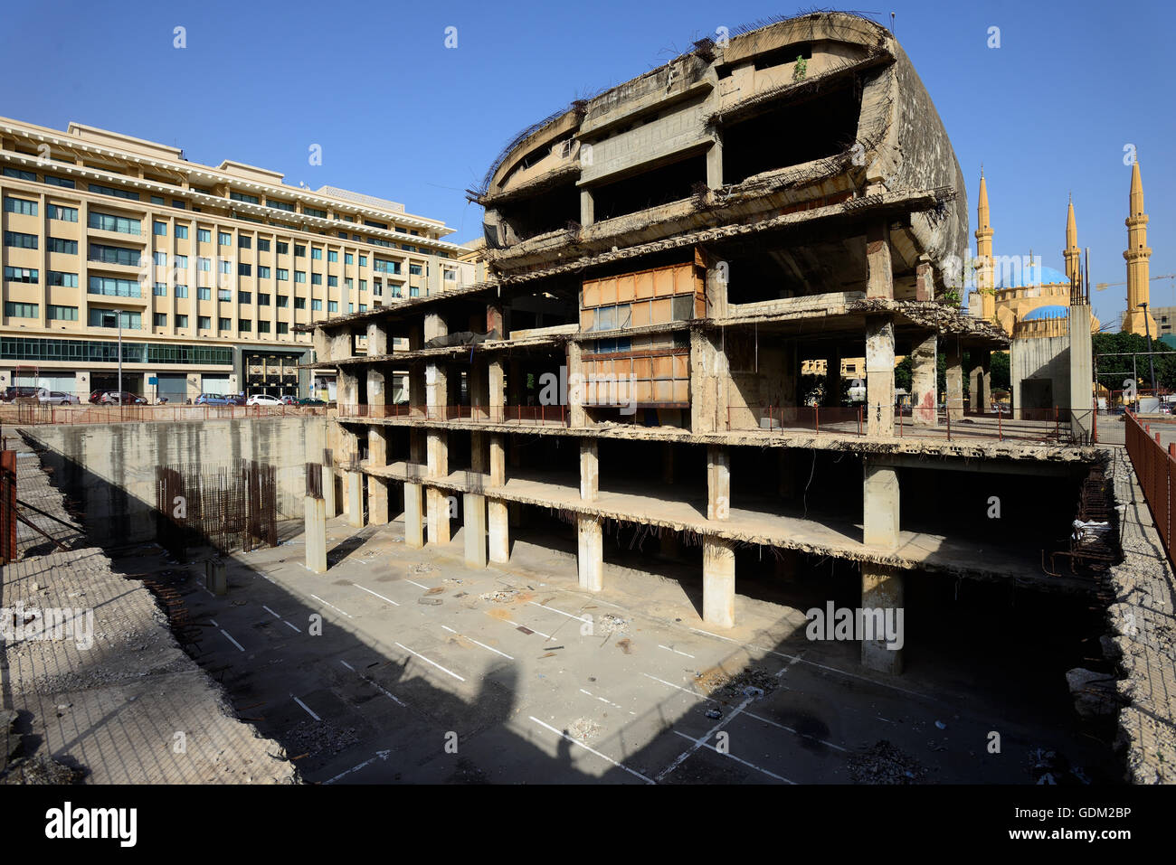 Lebanon, Beirut: Martyrs' Square (LF)The city's main square, Martyrs' Square (Place des Martyrs) in the heart of downtown Beirut, is still under reconstruction. The remains of the destroyed old Cinema building is one of  the only features left of the Mart Stock Photo