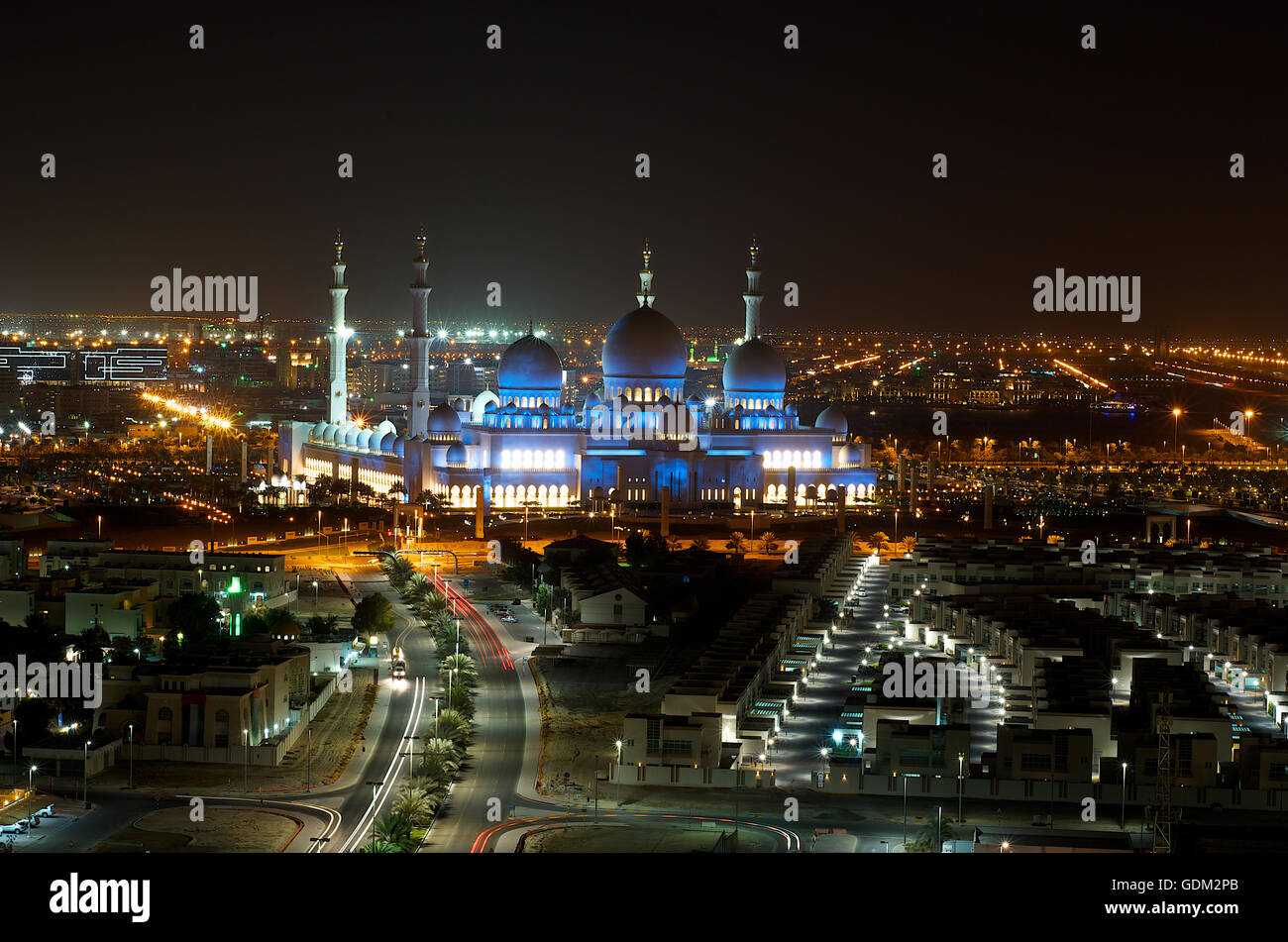 Sheikh Zayed Grand Mosque in Abu Dhabi aerial view at night Stock Photo